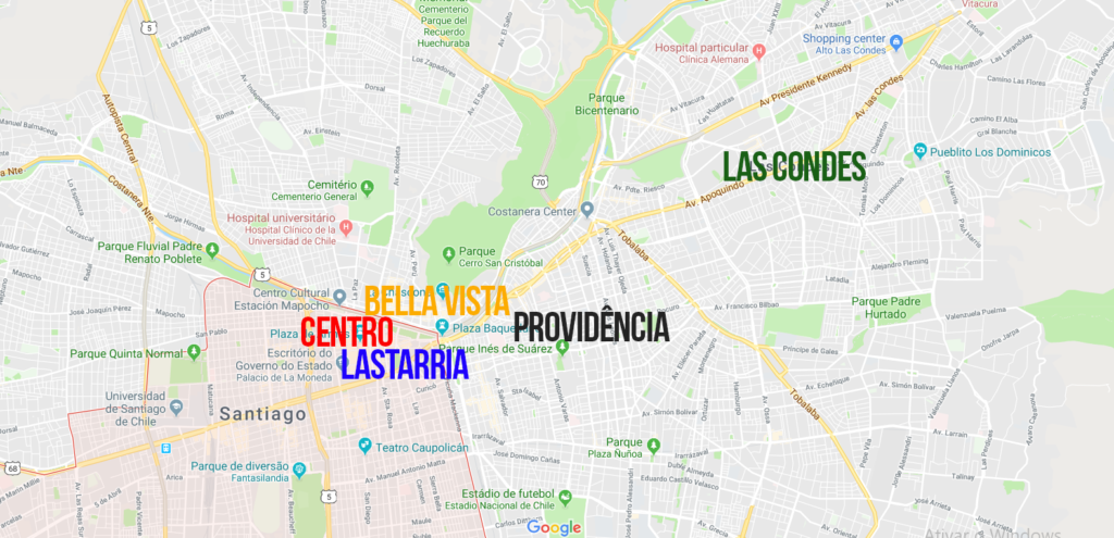 Mapa qual região se hospedar em Santiago