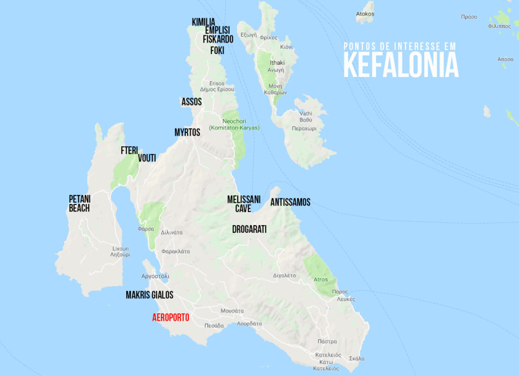 mapa das melhores regiões da Kefalonia para ficar